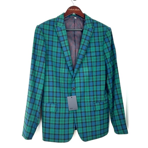 New ASOS Green Blue Tartan Plaid Mens Sz 40 Regular Blazer Jacket Sport Coat Hng - Picture 2 of 12